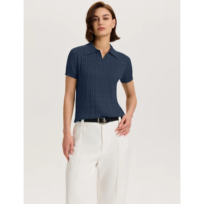 Micoson Women's Short Sleeve Polo Shirts 2025 Summer Collared V Neck Cable Knit Blouse Soft Business Casual Tops(Blue Gray,S) by Micoson - Image 10
