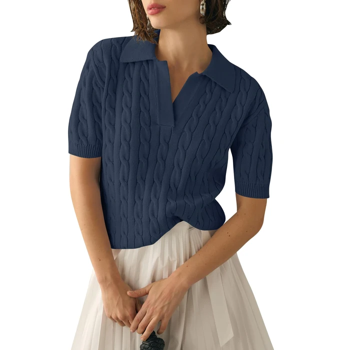 Micoson Women's Short Sleeve Polo Shirts 2025 Summer Collared V Neck Cable Knit Blouse Soft Business Casual Tops(Blue Gray,S) by Micoson - Image 1