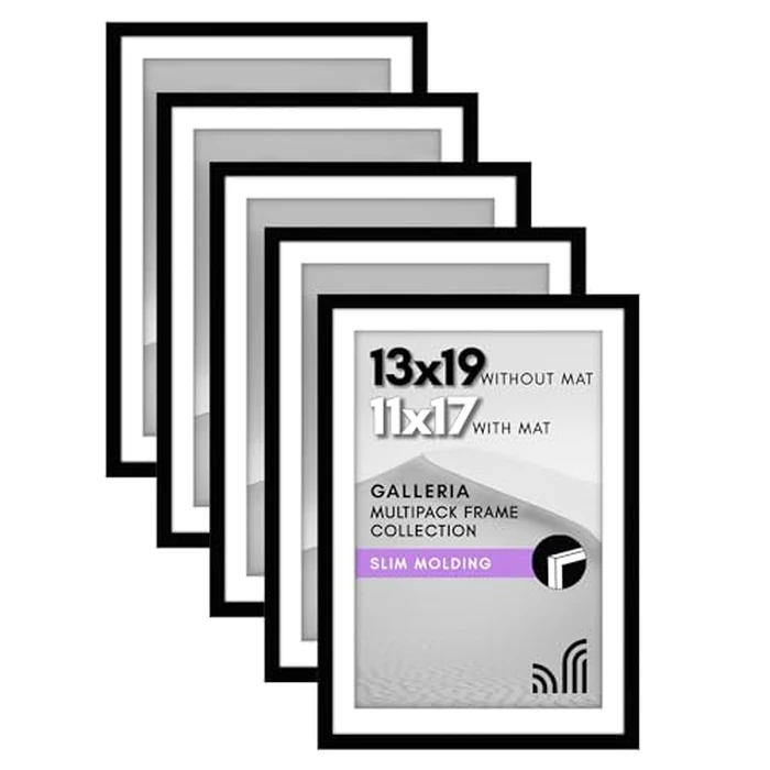 Americanflat 13x19 Picture Frame with Polished Plexiglass - Set of 5 - Use as 11x17 Frame with Mat - Galleria Collection - Picture Frames for Wall Display - Black by Americanflat - Image 1