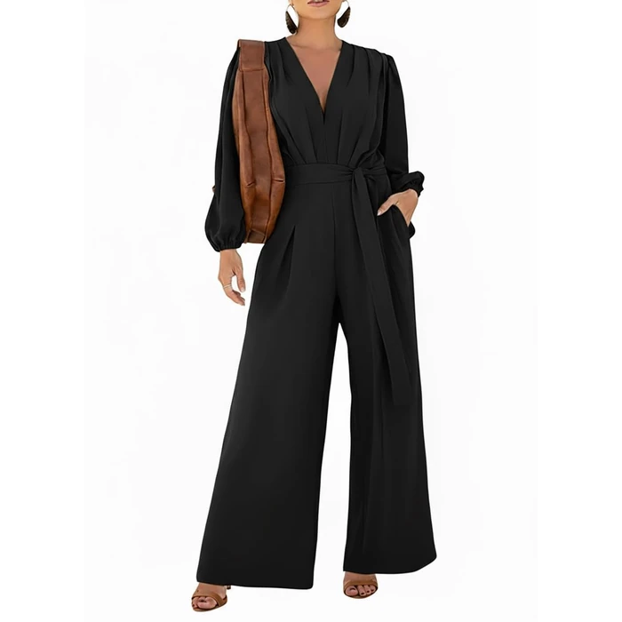 CHICME Womens Elegant Long Puff Sleeve Jumpsuit Deep V Neck Tie Waist Casual Wide Leg Pants Romper with Pockets for Casual Dressy Occasions-Black-XL by CHICME - Image 1