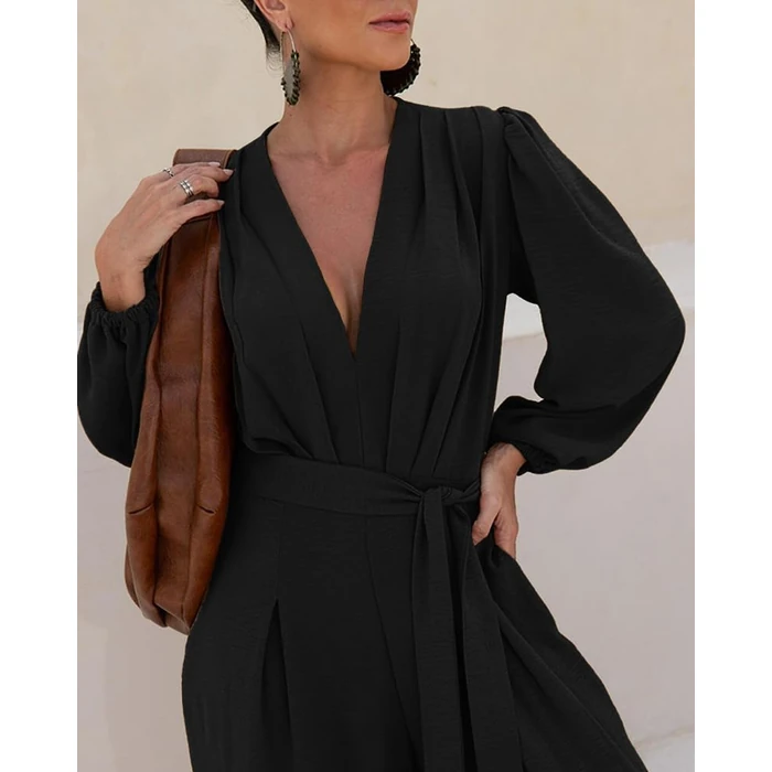 CHICME Womens Elegant Long Puff Sleeve Jumpsuit Deep V Neck Tie Waist Casual Wide Leg Pants Romper with Pockets for Casual Dressy Occasions-Black-XL by CHICME - Image 4