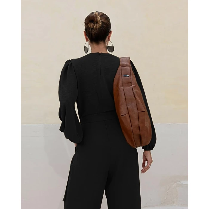 CHICME Womens Elegant Long Puff Sleeve Jumpsuit Deep V Neck Tie Waist Casual Wide Leg Pants Romper with Pockets for Casual Dressy Occasions-Black-XL by CHICME - Image 5