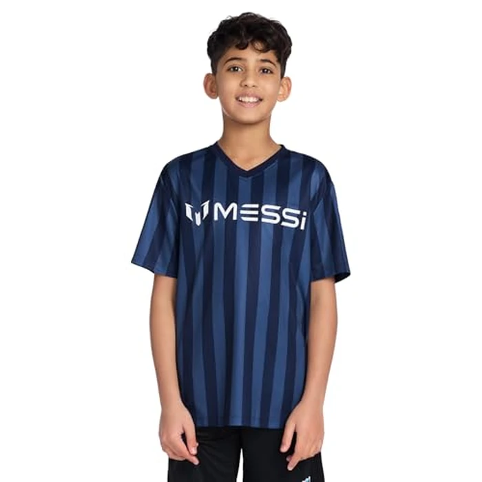 Messi Boys' Lifestyle Short Sleeve Top, Loose-fit V-Neck Shirt with Logo, Comfortable, Striped V-Neck TOP - Dress Blue, 4 by Messi - Image 1