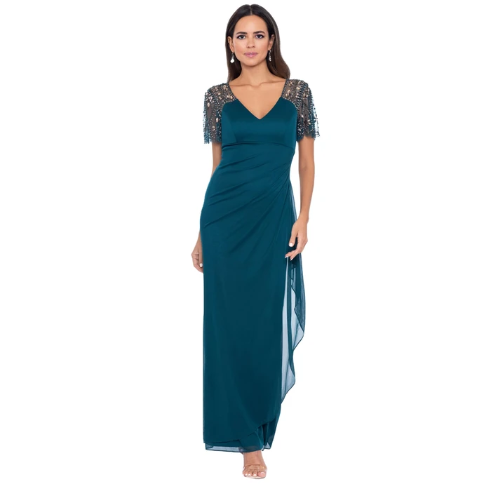 Xscape Women's Long V-Neck Beaded Detail Jersey Dress (Reg and Petite), Emerald Green, 10 by Xscape - Used - Like New condition