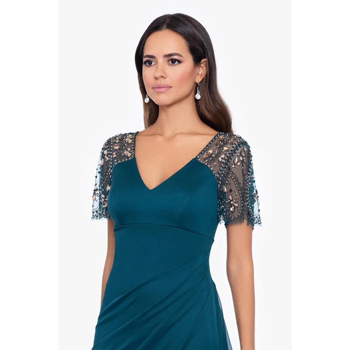 Xscape Women's Long V-Neck Beaded Detail Jersey Dress (Reg and Petite), Emerald Green, 10 by Xscape - Image 2