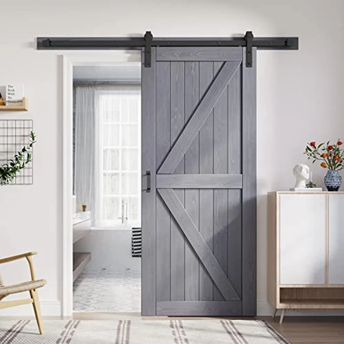 FREDBECK 36in x 84in Gray Wood Barn Door Slab with 6.6ft (79inch) Barn Door Hardware Track Kit Included, Double Surfaces,Simple Assembly is Required,K-Frame,Grey by FREDBECK - Used - Very Good condition - US$206.90