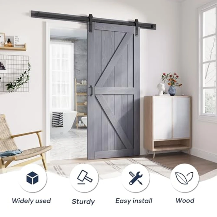FREDBECK 36in x 84in Gray Wood Barn Door Slab with 6.6ft (79inch) Barn Door Hardware Track Kit Included, Double Surfaces,Simple Assembly is Required,K-Frame,Grey by FREDBECK - Image 2