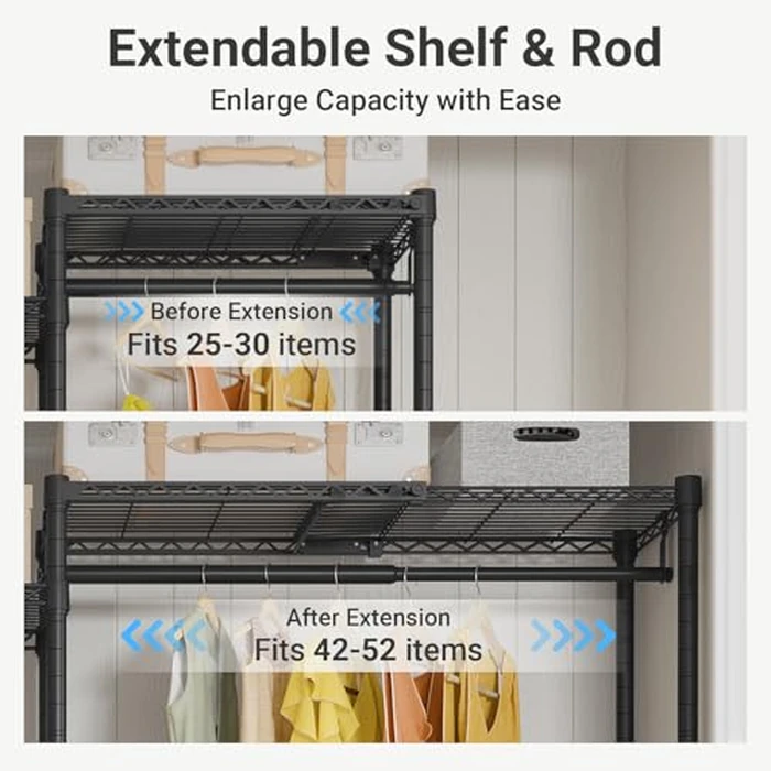 VIPEK X3 Expandable Heavy Duty Clothes Rack Adjustable from 5'2" to 8' with Adjustable Shelves and Hanger Rods, Large Freestanding Clothing Racks Reach-in & Walk-in Closet, Max Load 1210LBS, Black by VIPEK - Image 4