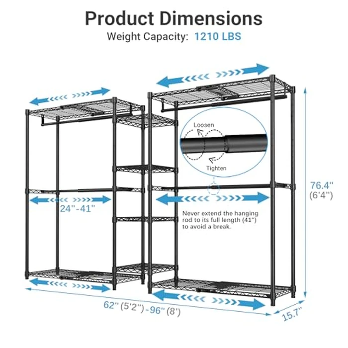 VIPEK X3 Expandable Heavy Duty Clothes Rack Adjustable from 5'2" to 8' with Adjustable Shelves and Hanger Rods, Large Freestanding Clothing Racks Reach-in & Walk-in Closet, Max Load 1210LBS, Black by VIPEK - Image 6