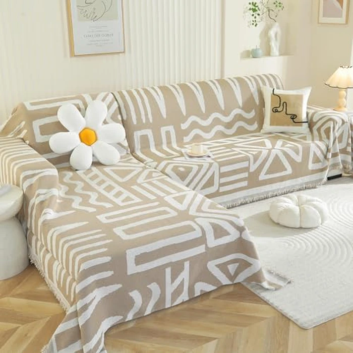 Royhom Sectional Couch Covers 2 Pieces, L Shaped Couch Cover Blanket, Boho Sofa Covers Washable, Sofa Slipcover with Tassel, Suitable for All Seasons (71"x102"+71"x118", Khaki) by Royhom - Used - Like New condition