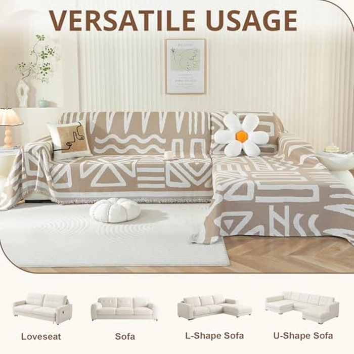 Royhom Sectional Couch Covers 2 Pieces, L Shaped Couch Cover Blanket, Boho Sofa Covers Washable, Sofa Slipcover with Tassel, Suitable for All Seasons (71"x102"+71"x118", Khaki) by Royhom - Image 3