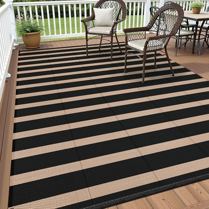 Vaukki Waterproof Outdoor Rug 5x8, Reversible Striped Patio Rug, Lightweight Plastic Straw Camping Mat, Indoor Outdoor RV Carpet for Outsides, Patio, Camping, Balcony, RV and Deck, Black and Beige by Vaukki - Used - Very Good condition - CA$42.29