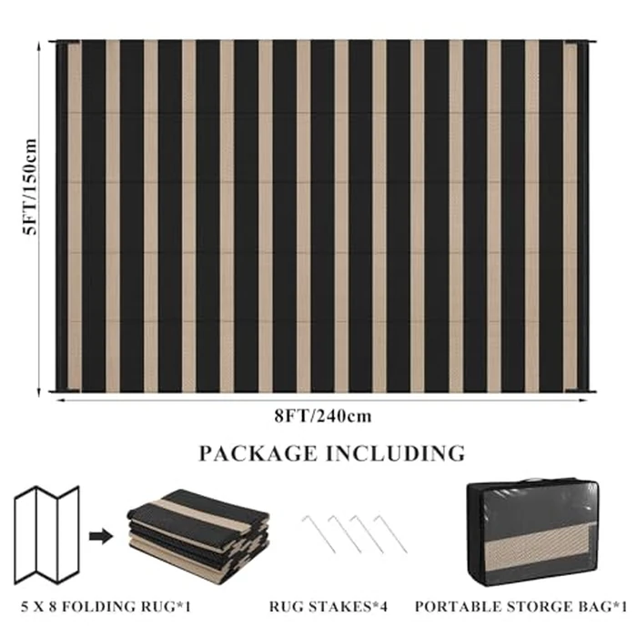 Vaukki Waterproof Outdoor Rug 5x8, Reversible Striped Patio Rug, Lightweight Plastic Straw Camping Mat, Indoor Outdoor RV Carpet for Outsides, Patio, Camping, Balcony, RV and Deck, Black and Beige by Vaukki - Image 3