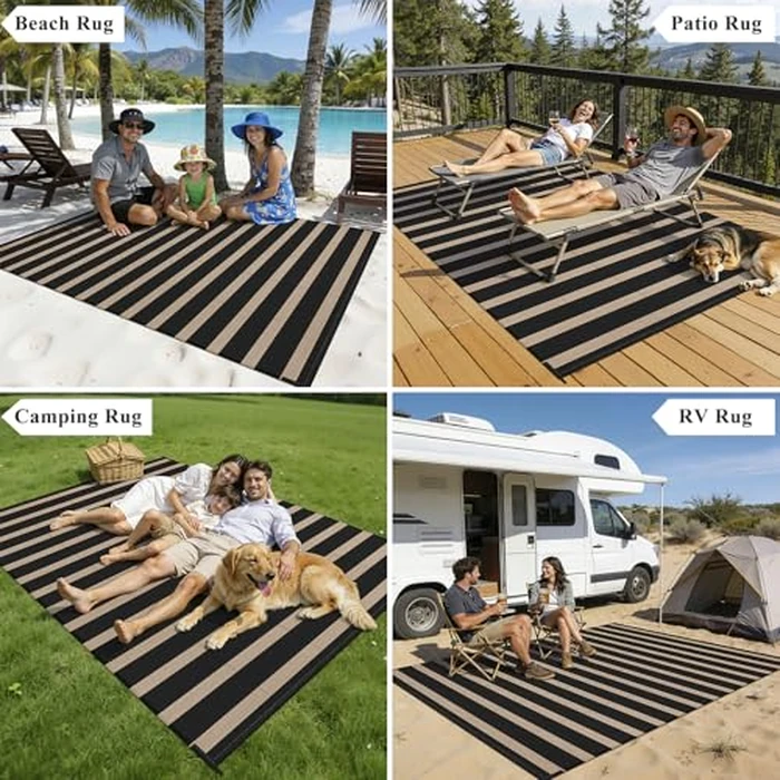 Vaukki Waterproof Outdoor Rug 5x8, Reversible Striped Patio Rug, Lightweight Plastic Straw Camping Mat, Indoor Outdoor RV Carpet for Outsides, Patio, Camping, Balcony, RV and Deck, Black and Beige by Vaukki - Image 4