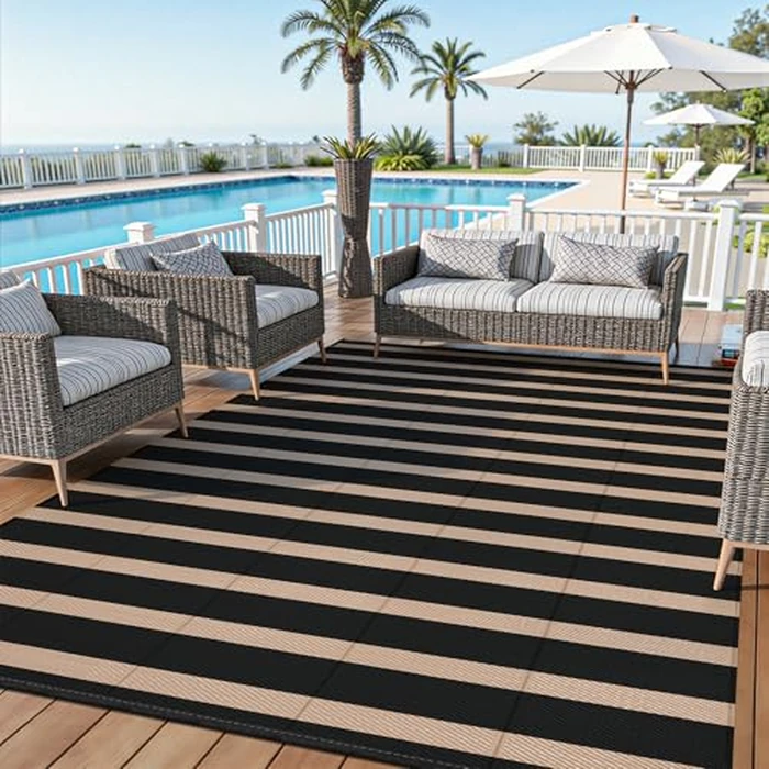 Vaukki Waterproof Outdoor Rug 5x8, Reversible Striped Patio Rug, Lightweight Plastic Straw Camping Mat, Indoor Outdoor RV Carpet for Outsides, Patio, Camping, Balcony, RV and Deck, Black and Beige by Vaukki - Image 8