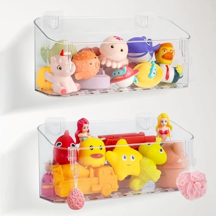 Bath Toy Storage Adhesive Shelf Shower Caddy Acrylic Shower Shelves Bathroom Organizers for Baby Bath Toys Bathtub Toy Storage Holder Large Capacity Bathroom Wall Organizer Tub Accessories, 2 Pack by MUMUQ - Used - Good condition
