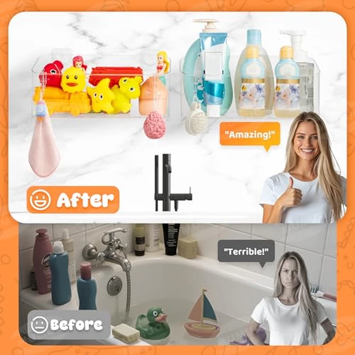 Bath Toy Storage Adhesive Shelf Shower Caddy Acrylic Shower Shelves Bathroom Organizers for Baby Bath Toys Bathtub Toy Storage Holder Large Capacity Bathroom Wall Organizer Tub Accessories, 2 Pack by MUMUQ - Image 5