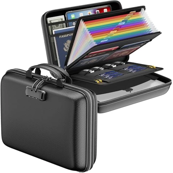 DocSafe Fireproof File Organizer with Lock, Hard-Shell Case Fireproof Document Box with 13 Pocket Accordion File Folder, Portable Home Office Travel Safe Storage for Important Documents Laptop Black by DocSafe - Used - Very Good condition