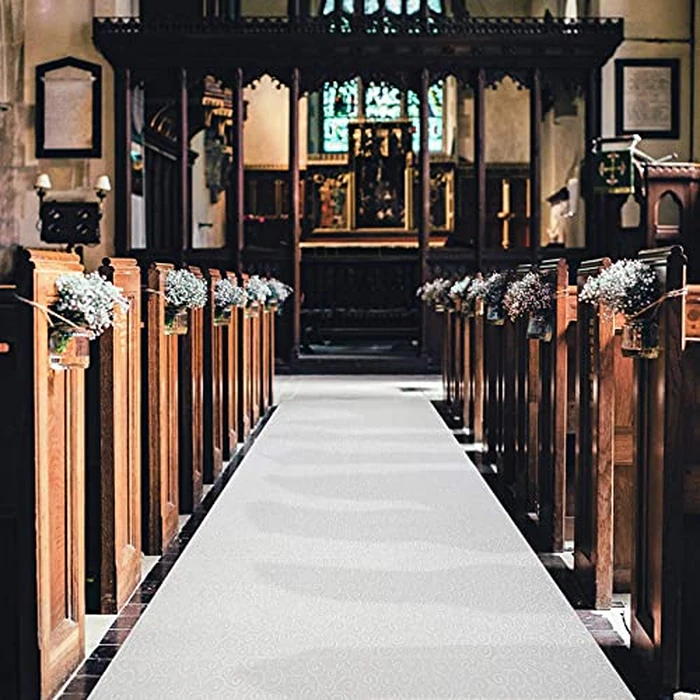 White Wedding Aisle Runner - Professional-Grade Nylon, Includes Tape Double-Sided Adhesive - Disposable Scroll Pattern Runner Great for Indoor or Outdoor Weddings, Prom, Parties by J&A Homes - Image 4