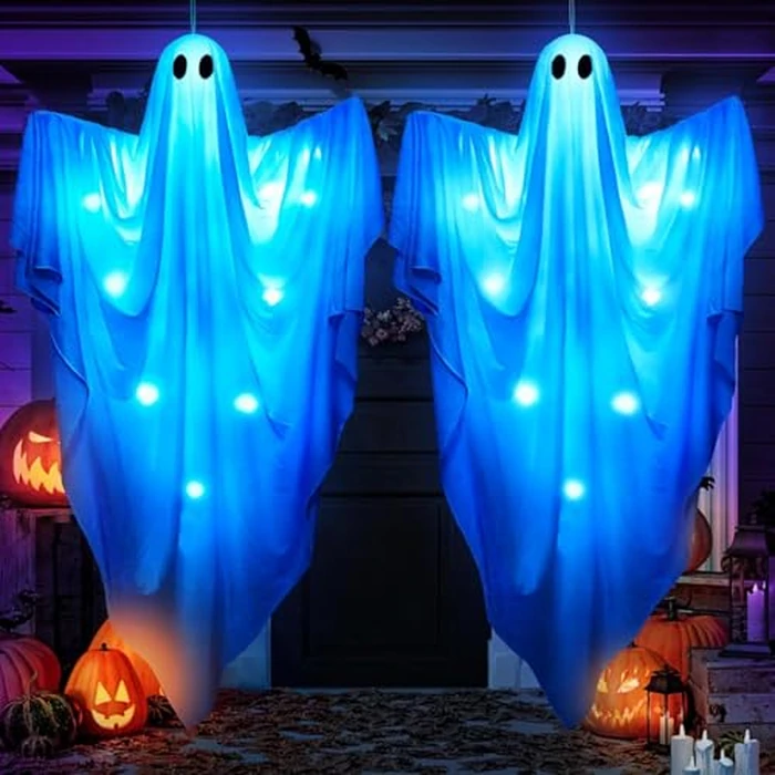 61.5" Halloween Hanging Light up Ghosts Decor - 2 Pcs Large Spooky Ghosts with Blue LED Lights, Hanging Halloween Decorations Outdoor Indoor Party for Front Porch, Tree, Patio, Yard, Lawn Garden by WEMEMORN - Used - Like New condition