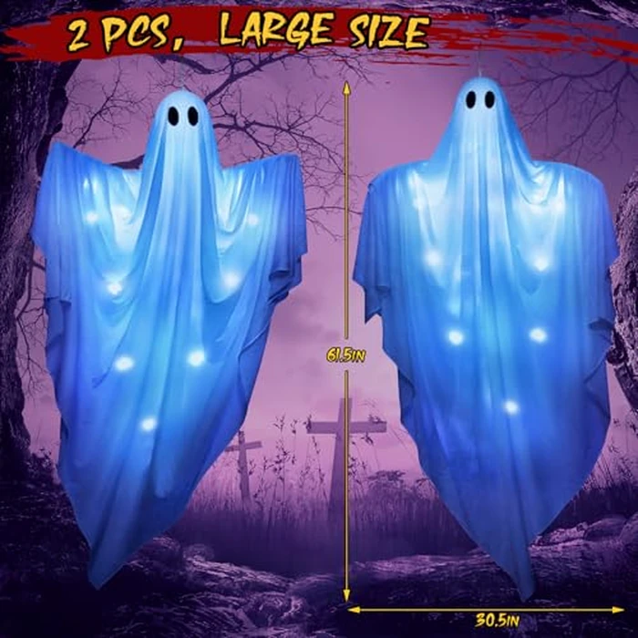 61.5" Halloween Hanging Light up Ghosts Decor - 2 Pcs Large Spooky Ghosts with Blue LED Lights, Hanging Halloween Decorations Outdoor Indoor Party for Front Porch, Tree, Patio, Yard, Lawn Garden by WEMEMORN - Image 2