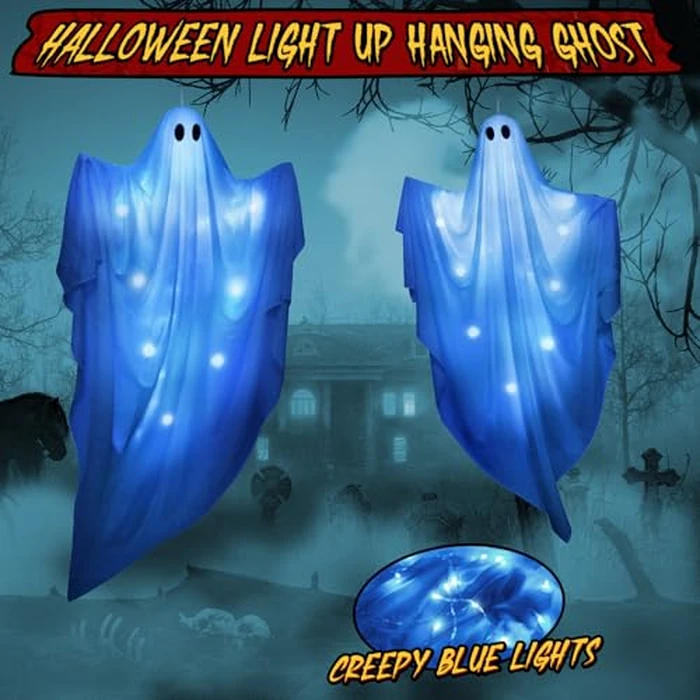 61.5" Halloween Hanging Light up Ghosts Decor - 2 Pcs Large Spooky Ghosts with Blue LED Lights, Hanging Halloween Decorations Outdoor Indoor Party for Front Porch, Tree, Patio, Yard, Lawn Garden by WEMEMORN - Image 3