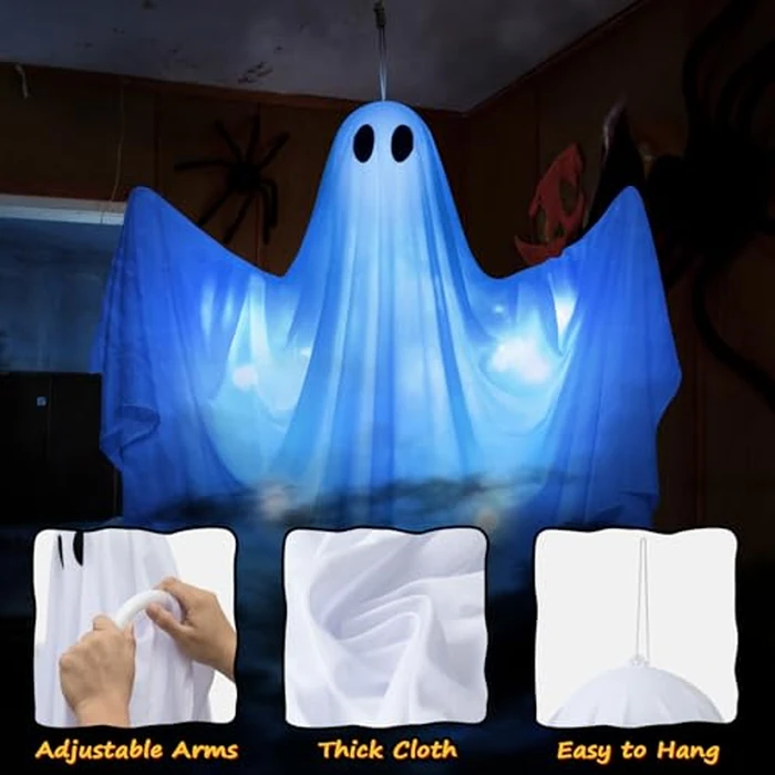 61.5" Halloween Hanging Light up Ghosts Decor - 2 Pcs Large Spooky Ghosts with Blue LED Lights, Hanging Halloween Decorations Outdoor Indoor Party for Front Porch, Tree, Patio, Yard, Lawn Garden by WEMEMORN - Image 4