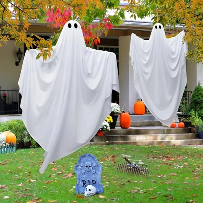 61.5" Halloween Hanging Light up Ghosts Decor - 2 Pcs Large Spooky Ghosts with Blue LED Lights, Hanging Halloween Decorations Outdoor Indoor Party for Front Porch, Tree, Patio, Yard, Lawn Garden by WEMEMORN - Image 5