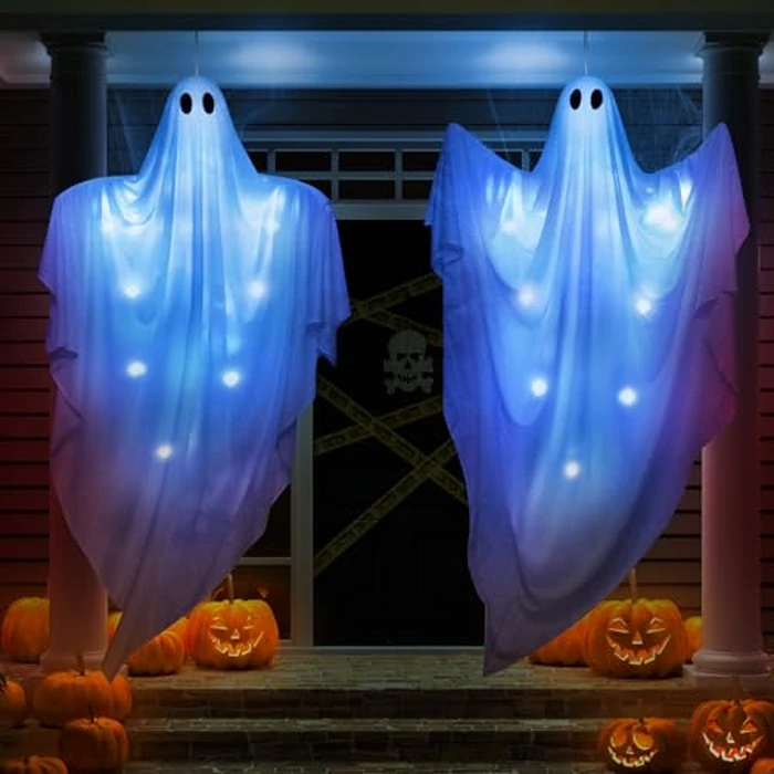 61.5" Halloween Hanging Light up Ghosts Decor - 2 Pcs Large Spooky Ghosts with Blue LED Lights, Hanging Halloween Decorations Outdoor Indoor Party for Front Porch, Tree, Patio, Yard, Lawn Garden by WEMEMORN - Image 6