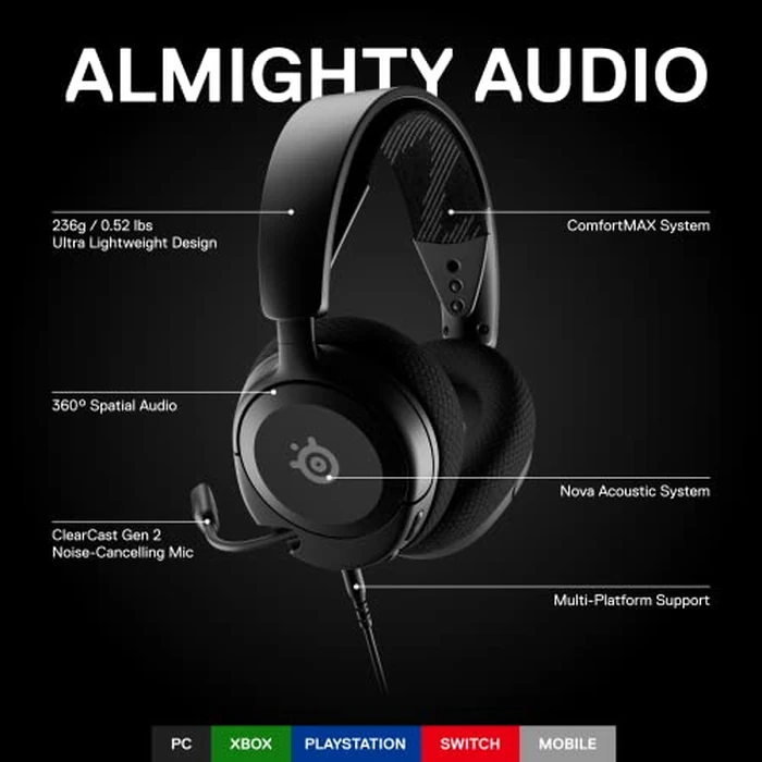 NEW SteelSeries Arctis Nova 1 Multi-System Gaming Headset - Hi-Fi Drivers - 360 degrees Spatial Audio - Comfort Design - Durable - Ultra Lightweight - Noise-Cancelling Mic - PC, PS5/PS4, Switch, Xbox - Black by SteelSeries - Image 2