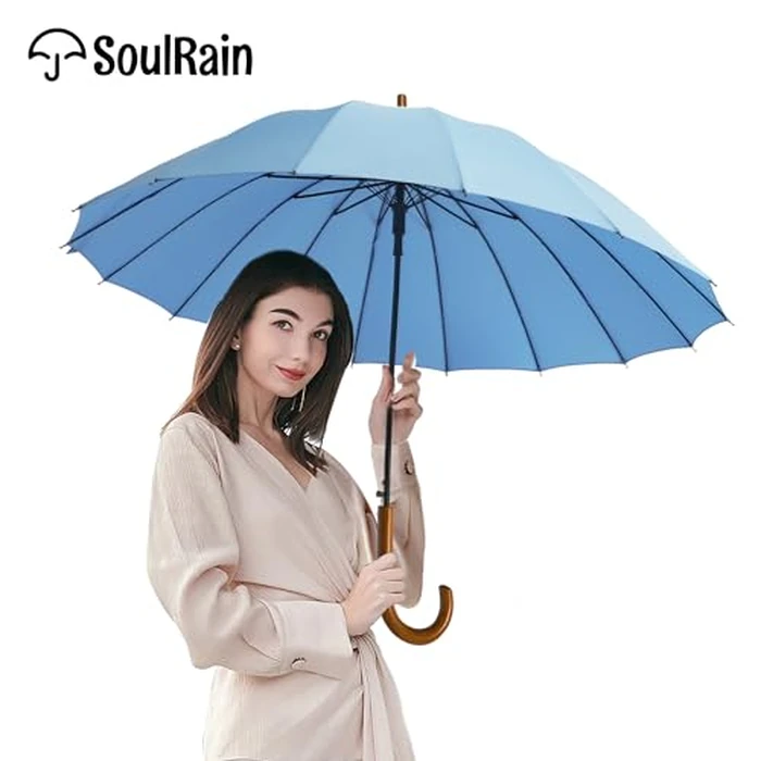 SoulRain 16 Ribs 48" Stick Umbrella Auto Open Solid Color Fashionable and Simple，Arc Classic Wood Handle，Windproof Unbreakable Stick Rain Umbrella (Sora)... by SoulRain - Image 3