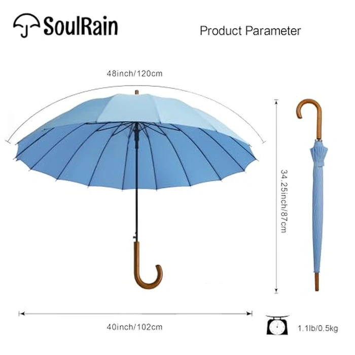 SoulRain 16 Ribs 48" Stick Umbrella Auto Open Solid Color Fashionable and Simple，Arc Classic Wood Handle，Windproof Unbreakable Stick Rain Umbrella (Sora)... by SoulRain - Image 4