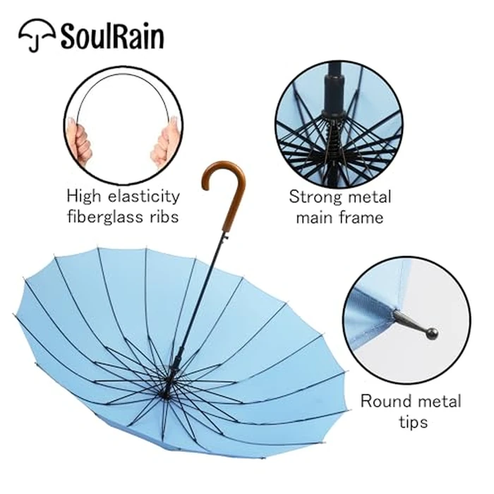 SoulRain 16 Ribs 48" Stick Umbrella Auto Open Solid Color Fashionable and Simple，Arc Classic Wood Handle，Windproof Unbreakable Stick Rain Umbrella (Sora)... by SoulRain - Image 6