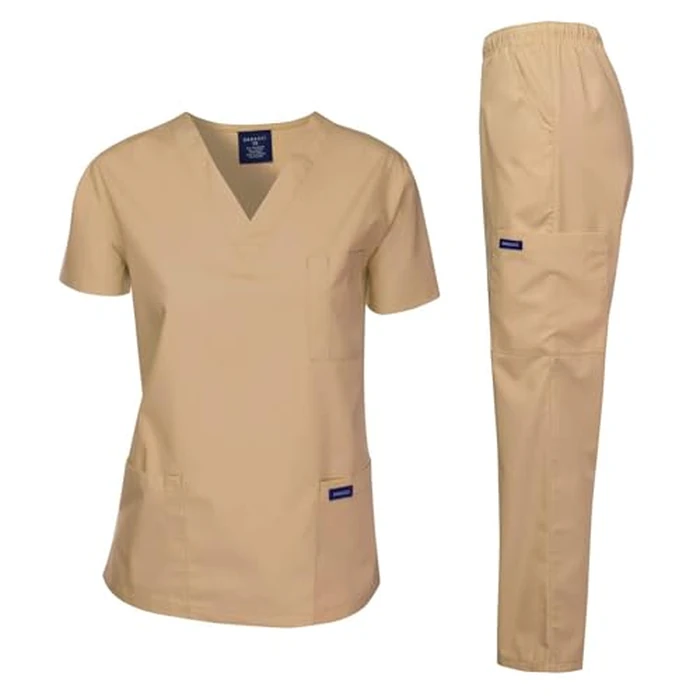 Dagacci Medical Uniform Woman and Man Scrub Set Unisex Medical Scrub Top and Pant, Khaki, S by Dagacci Medical Uniform - Image 1