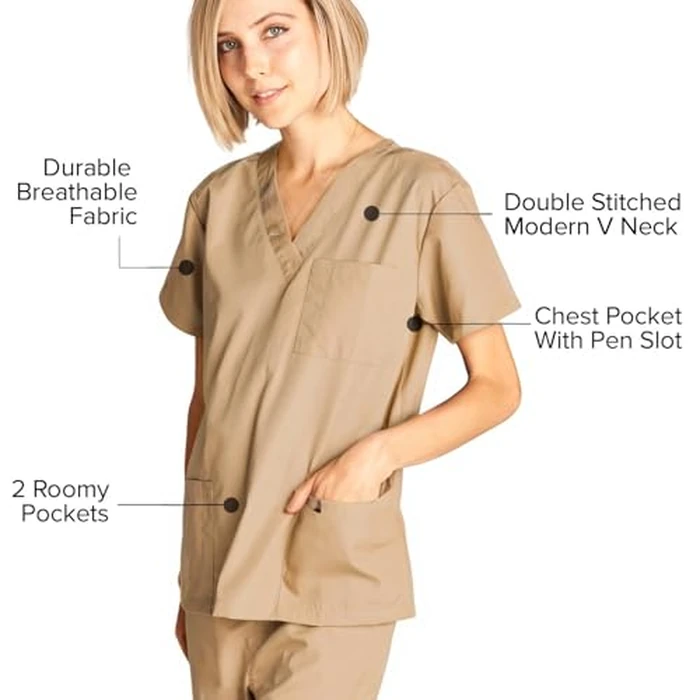 Dagacci Medical Uniform Woman and Man Scrub Set Unisex Medical Scrub Top and Pant, Khaki, S by Dagacci Medical Uniform - Image 2