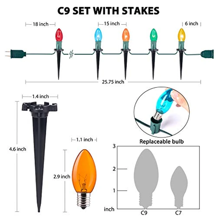 C9 Christmas Pathway String Lights, 2 Pack 25.7 Ft C9 20 Lights with 20 Multicolored Glass Bulbs and 20 Stakes Connectable Waterproof for Outdoor Indoor Xmas Party Holiday Decoration, Multicolor by Brightown - Image 5