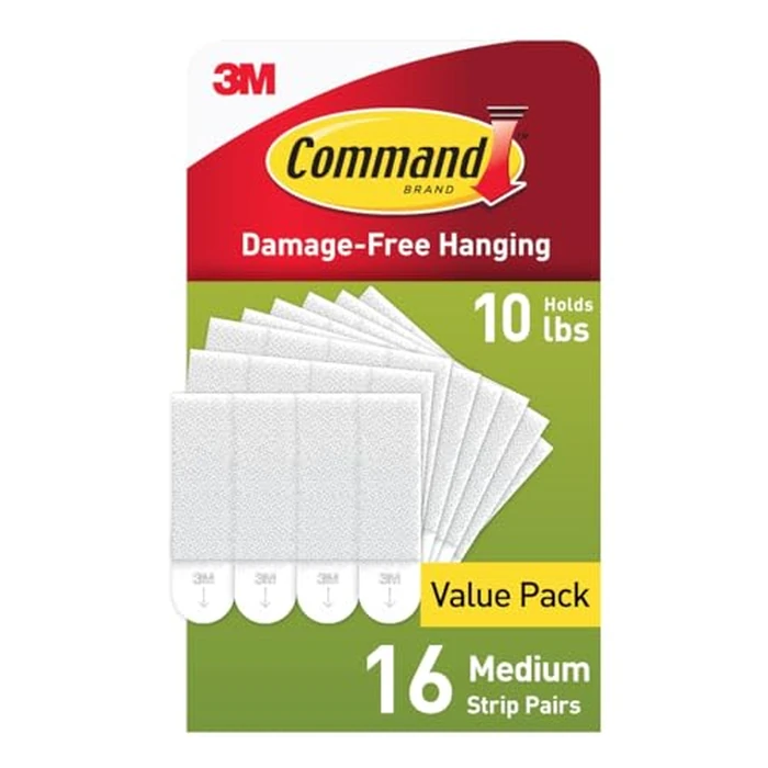 Command 10 lb Medium 16 Pairs Picture Hanging Strips (32 Strips), Damage-Free Hangers for Picture Frames, No Tools Required, Great for Home Room Wall Decor, White Adhesive by Command - Used - Good condition