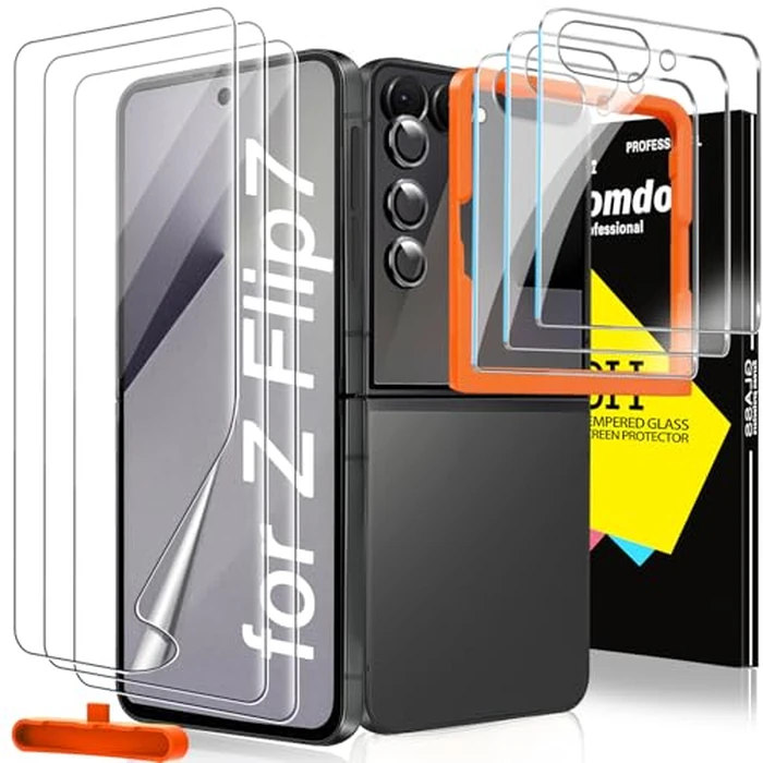 Milomdoi 9 in 1 Screen Protector for Samsung Galaxy Z Flip 7, 3 Inside Flexible Film + 3 Front Tempered Glass + 3 Camera Lens Protector Accessories with Installation Frame,Clear by Milomdoi - Used - Like New condition - US$11.78