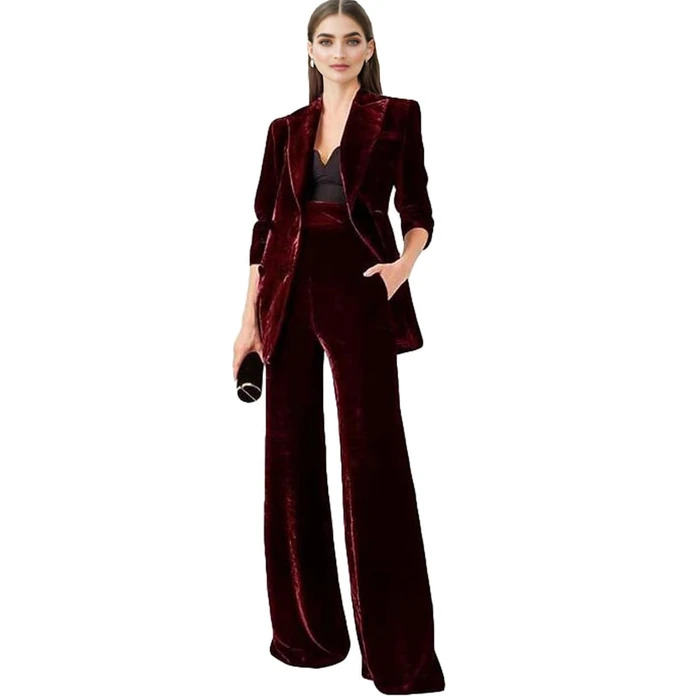 Botong Velvet Suit for Women 2 PC Double Breasted Pants Suit Peak Lapel Formal Tuxedos Womens Business Outfit Burgundy S by Botong - Used - Like New condition