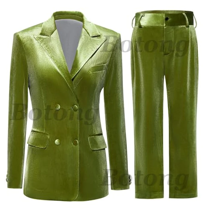 Botong Velvet Suit for Women 2 PC Double Breasted Pants Suit Peak Lapel Formal Tuxedos Womens Business Outfit Burgundy S by Botong - Image 2