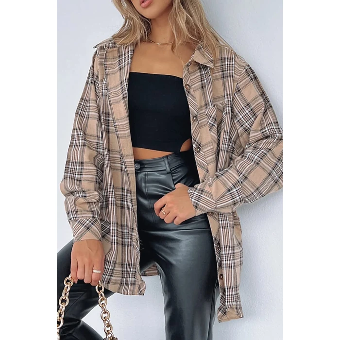 CHYRII Womens Button Down Flannel Shirts Long Sleeve Plaid Shacket Business Casual Blouse Topss Tan -7111 L by CHYRII - Image 3