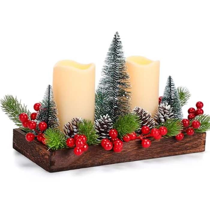 Cinnvoice Christmas Centerpiece Arrangement Set Rustic Wood Tray with LED Candles Artificial Christmas Floral Picks and Pine Cones in Wooden Box Tiered Tray Decor with Red Berries Mini Christmas Tree by Cinnvoice - Used - Like New condition - US$17.10
