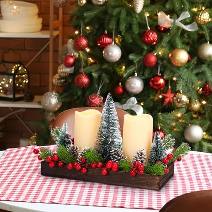 Cinnvoice Christmas Centerpiece Arrangement Set Rustic Wood Tray with LED Candles Artificial Christmas Floral Picks and Pine Cones in Wooden Box Tiered Tray Decor with Red Berries Mini Christmas Tree by Cinnvoice - Image 5