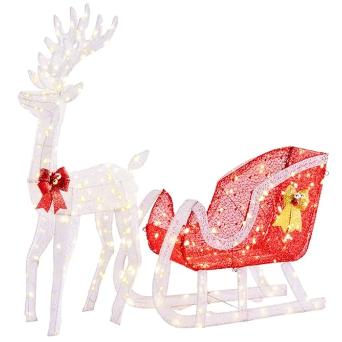 Sweetcrispy 4 FT Lighted Christmas Reindeer & Santa Sleigh Set, Family Outdoor Indoor Xmas Pre-Lit Yard Decoration w/ 180 LED Lights, Holiday Deer & Sled for Garden Lawn Patio Display, White-Red by Sweetcrispy - Used - Very Good condition