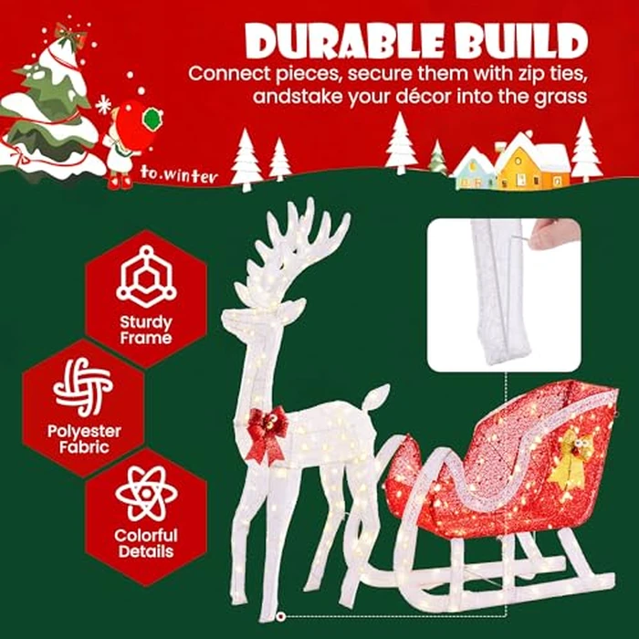 Sweetcrispy 4 FT Lighted Christmas Reindeer & Santa Sleigh Set, Family Outdoor Indoor Xmas Pre-Lit Yard Decoration w/ 180 LED Lights, Holiday Deer & Sled for Garden Lawn Patio Display, White-Red by Sweetcrispy - Image 2