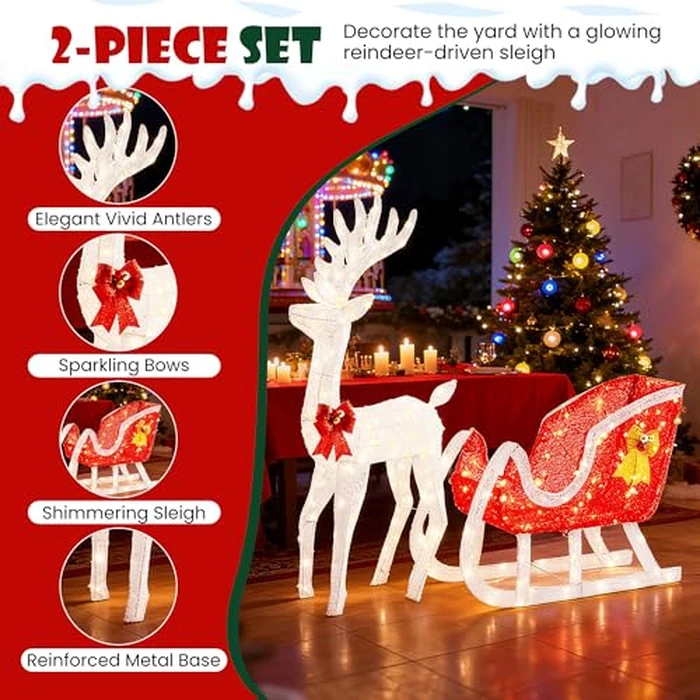 Sweetcrispy 4 FT Lighted Christmas Reindeer & Santa Sleigh Set, Family Outdoor Indoor Xmas Pre-Lit Yard Decoration w/ 180 LED Lights, Holiday Deer & Sled for Garden Lawn Patio Display, White-Red by Sweetcrispy - Image 3