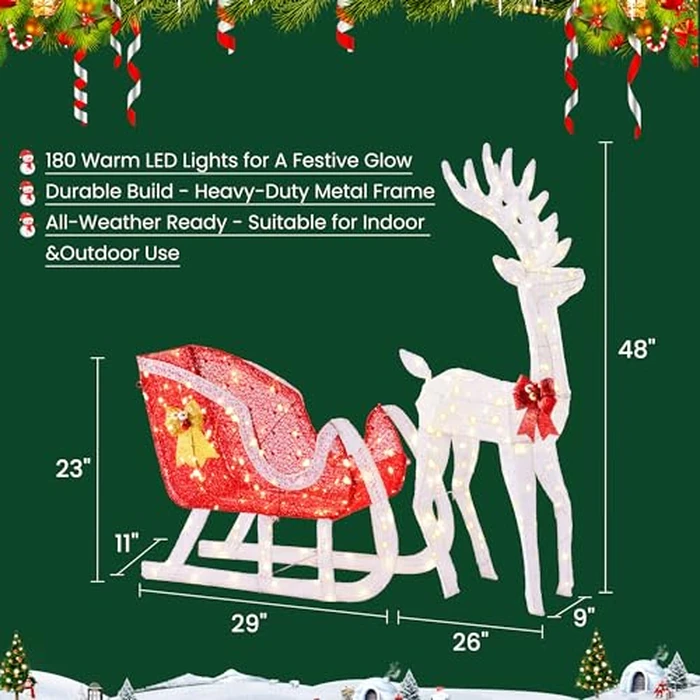 Sweetcrispy 4 FT Lighted Christmas Reindeer & Santa Sleigh Set, Family Outdoor Indoor Xmas Pre-Lit Yard Decoration w/ 180 LED Lights, Holiday Deer & Sled for Garden Lawn Patio Display, White-Red by Sweetcrispy - Image 6