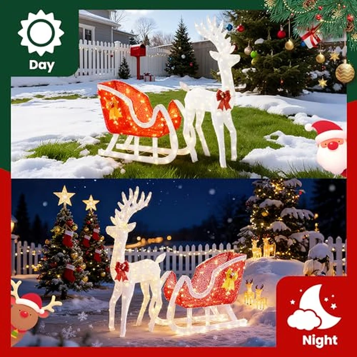 Sweetcrispy 4 FT Lighted Christmas Reindeer & Santa Sleigh Set, Family Outdoor Indoor Xmas Pre-Lit Yard Decoration w/ 180 LED Lights, Holiday Deer & Sled for Garden Lawn Patio Display, White-Red by Sweetcrispy - Image 9