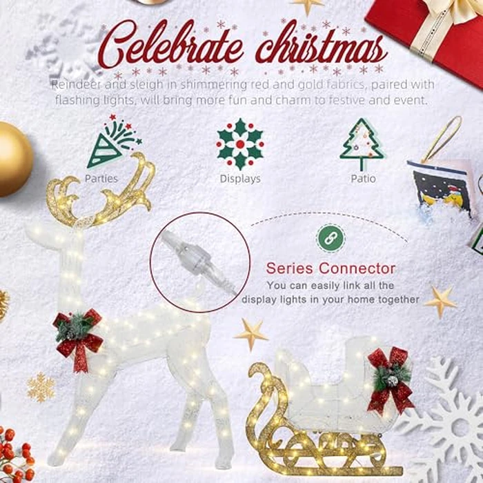 Shintenchi Christmas Lighted Reindeer and Sleigh Decor, Outdoor Christmas Decoration Set w/ 200 LED Lights, Pre-lit Glittered Standing Ornaments for Garden Patio Lawn Front Door Indoor Display, White by Shintenchi - Image 3