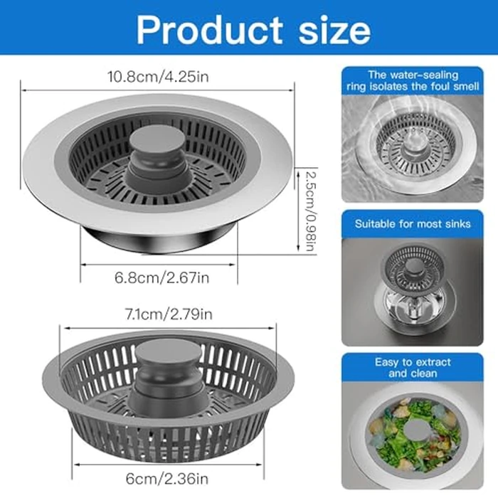 2 Pack 3 in 1 Kitchen Sink Drain Strainer & Stopper Combo, Stainless Steel Pop-Up Bathroom Sink Stopper with Anti-Clogging Basket Strainer, Rust-Resistant Design for Standard 3-1/2" (3.5 Inch) Drain by Zynaxir - Image 2